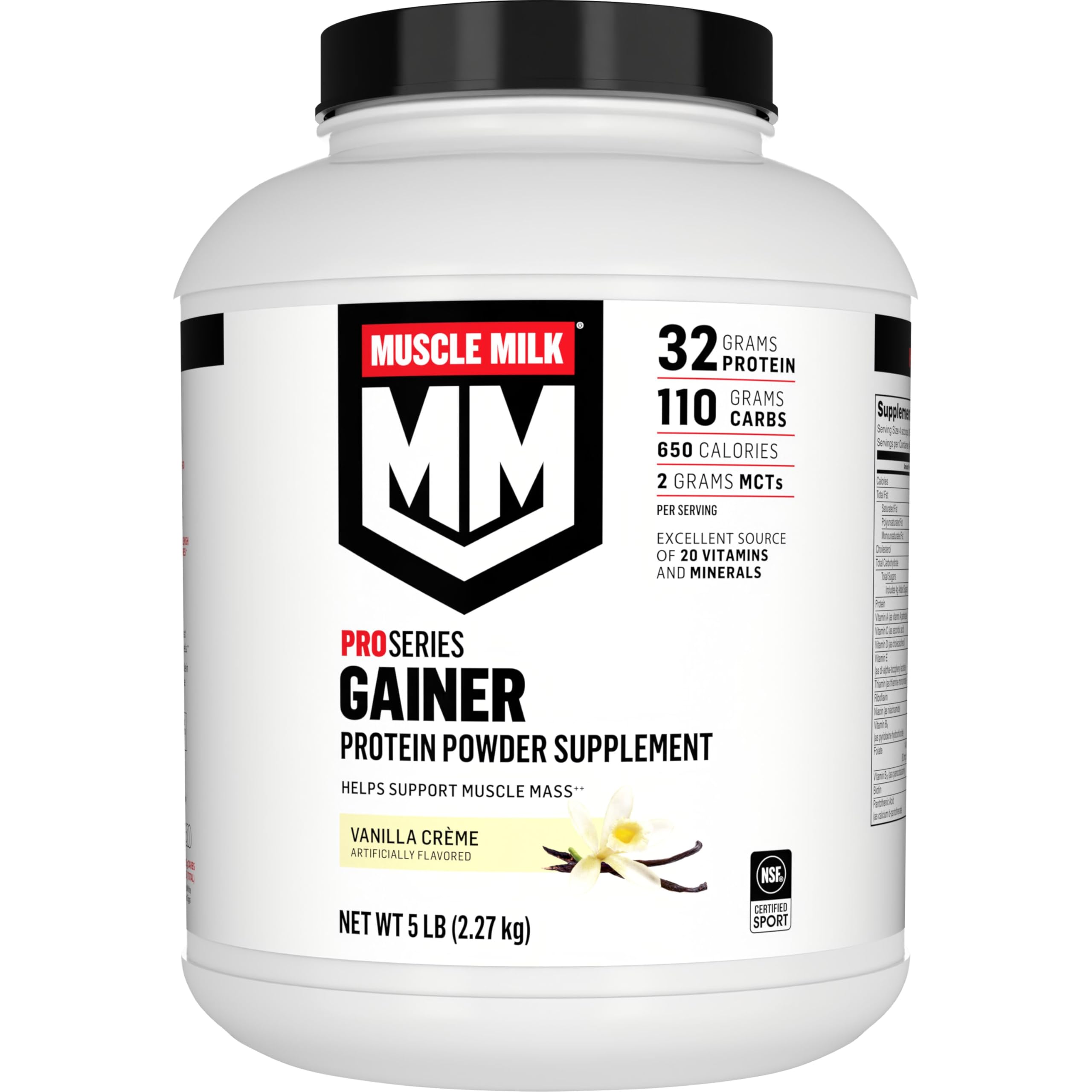 Muscle Milk envase frontal mostrando sabor Vanilla Creme y beneficios de calorías