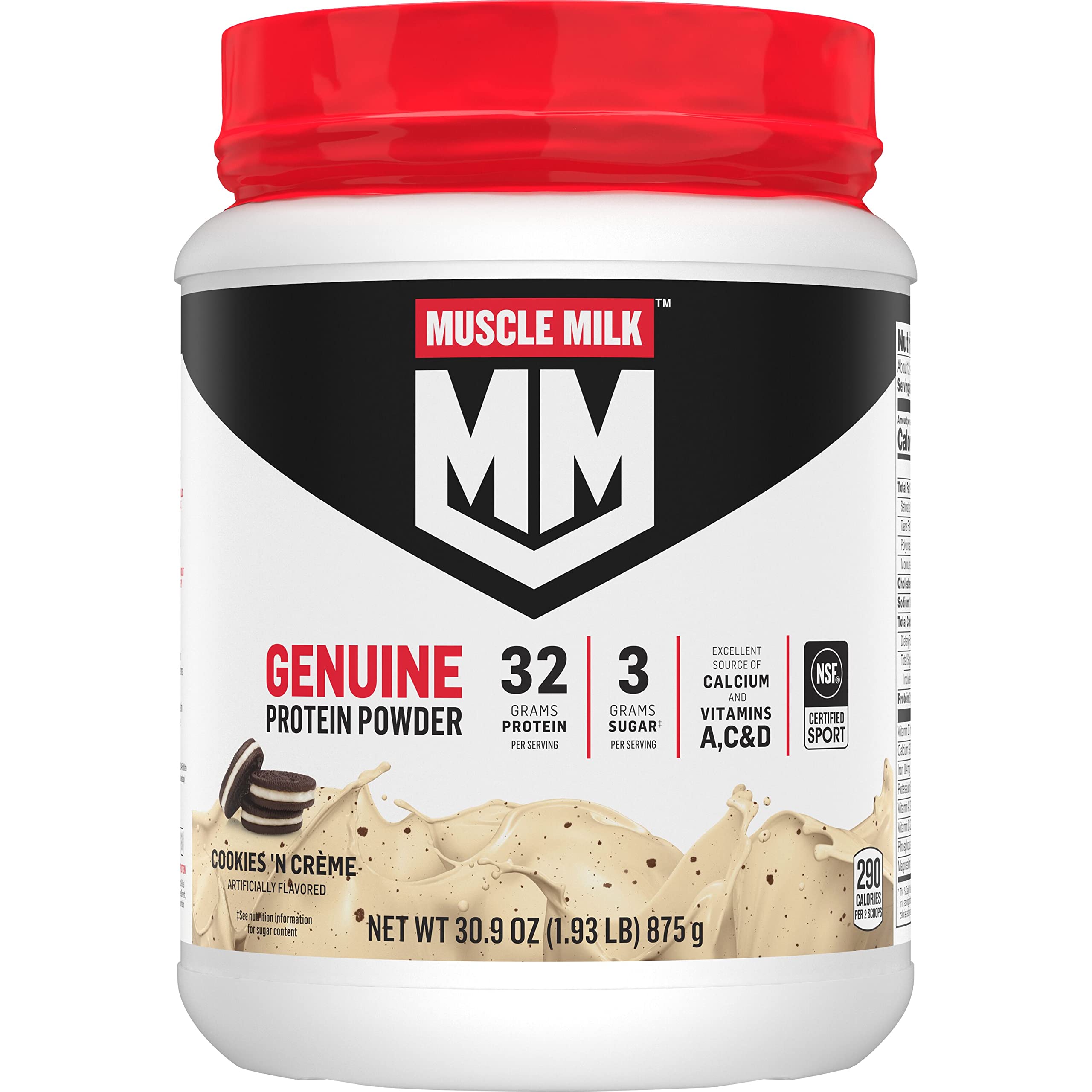 Muscle Milk frente del envase que muestra tamaño y sabor Cookies 'N Crème
