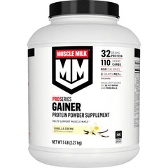 Muscle Milk envase frontal mostrando sabor Vanilla Creme y beneficios de calorías