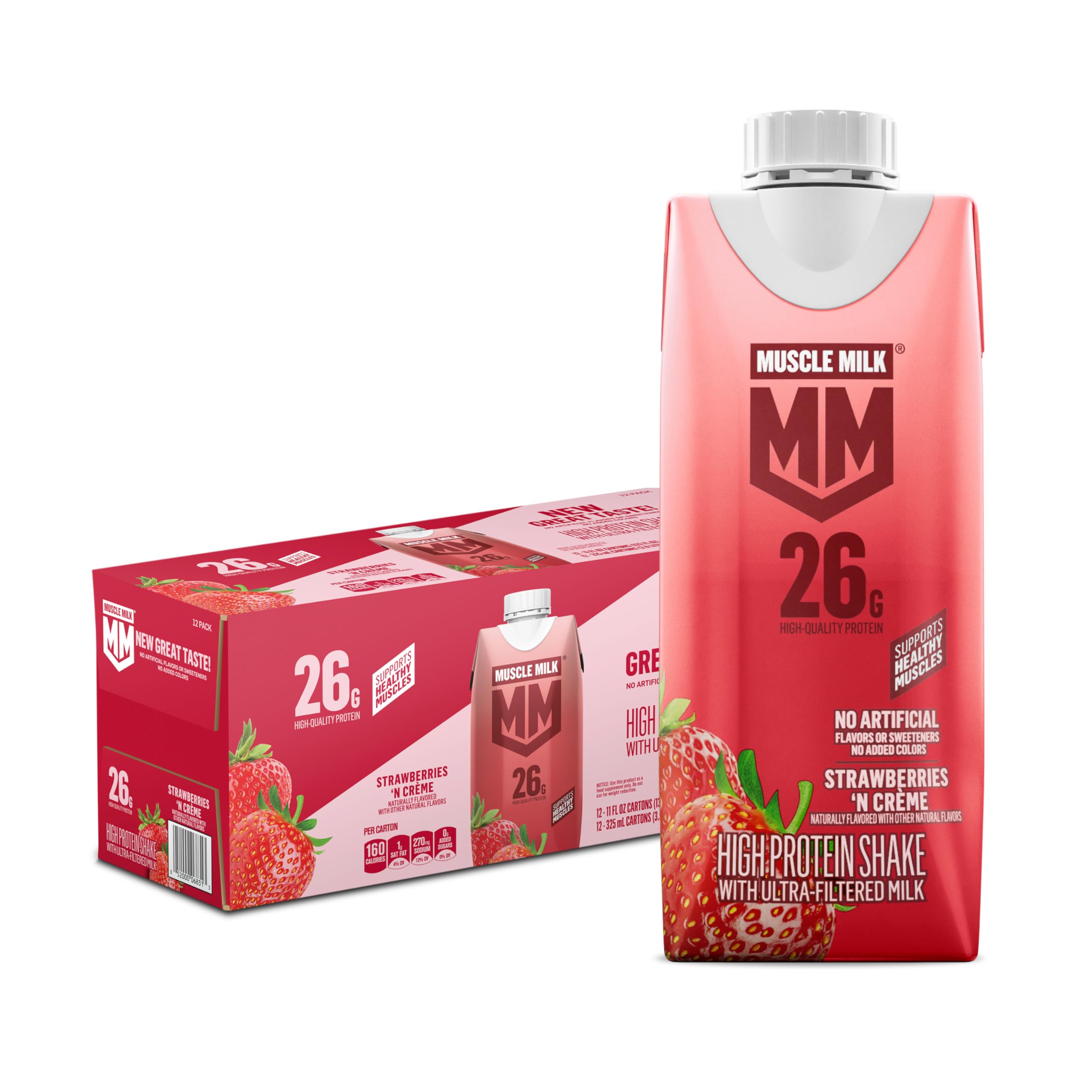 Muscle Milk frente del cartón mostrando etiqueta y 26 g proteína