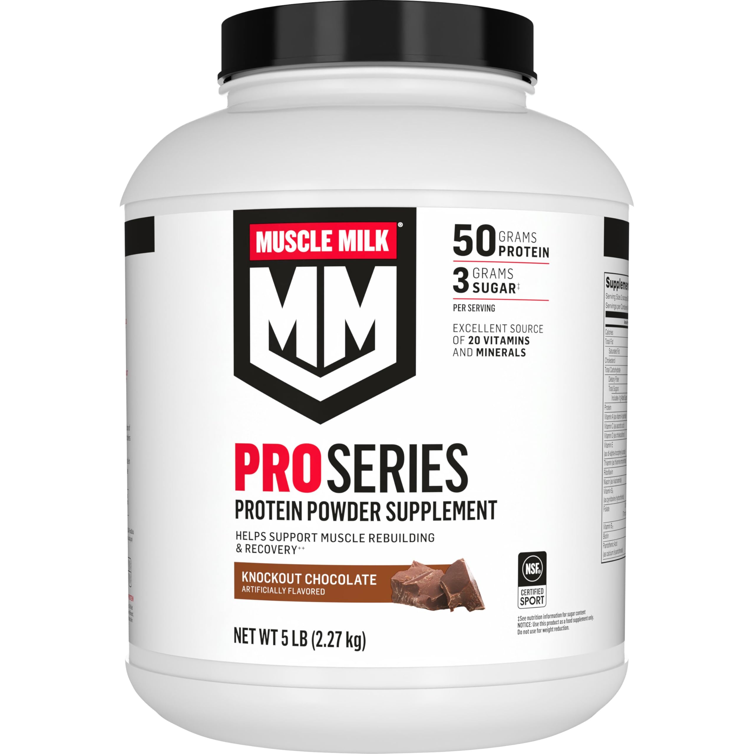 Muscle Milk envase frontal mostrando sabor knockout chocolate y beneficio práctico