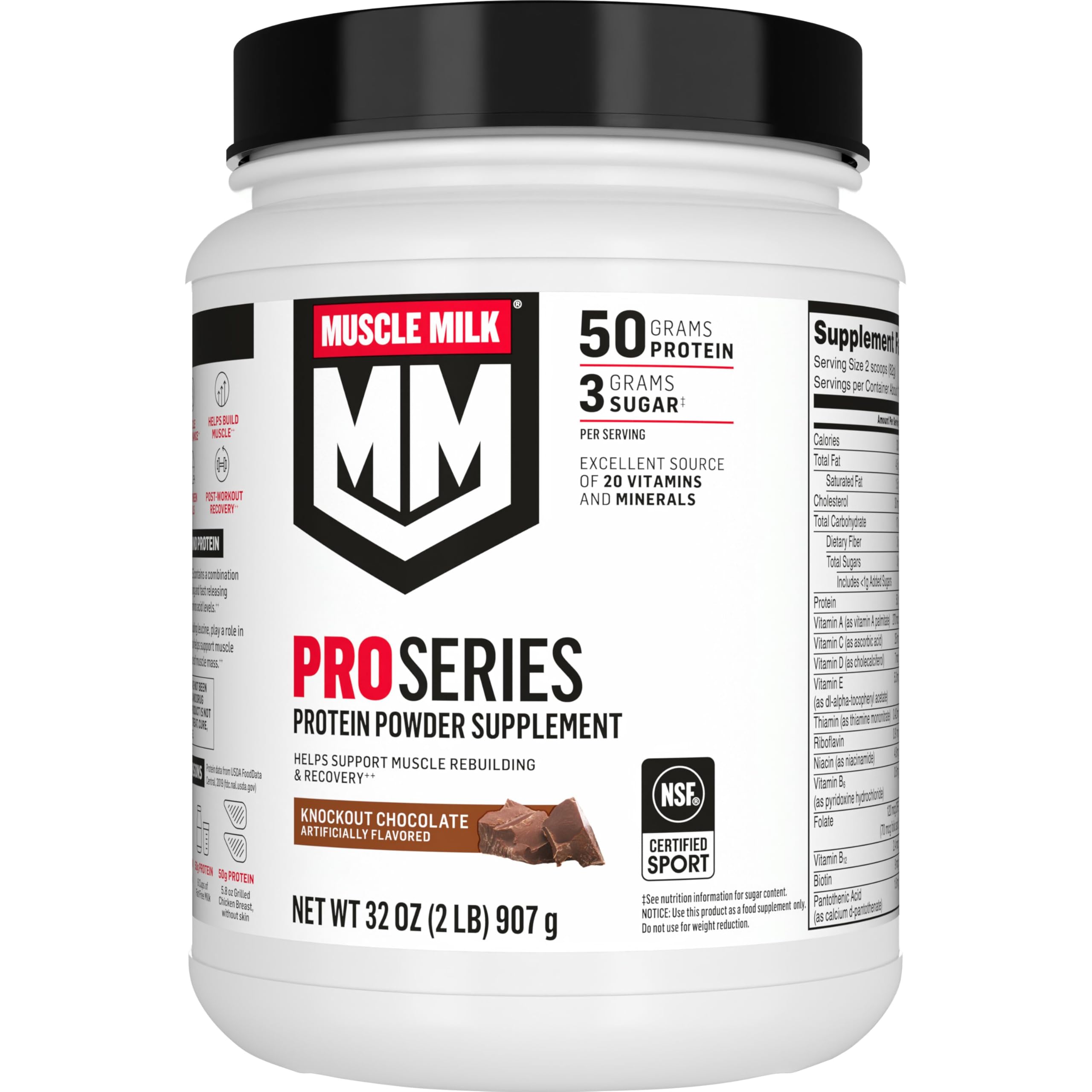 Muscle Milk envase frontal mostrando sabor knockout chocolate y beneficios