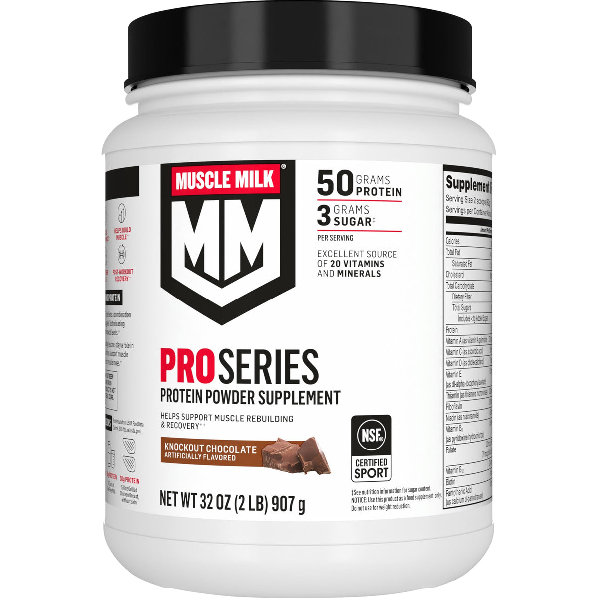 Muscle Milk envase frontal mostrando sabor knockout chocolate y beneficios
