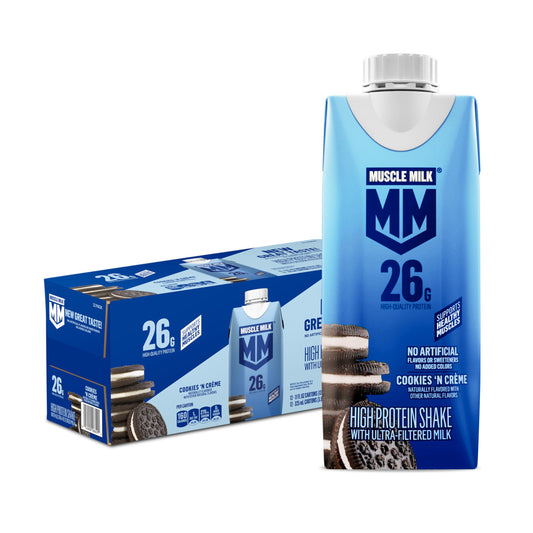 Muscle Milk envase frontal Cookies 'n Creme mostrando información clave y conveniencia