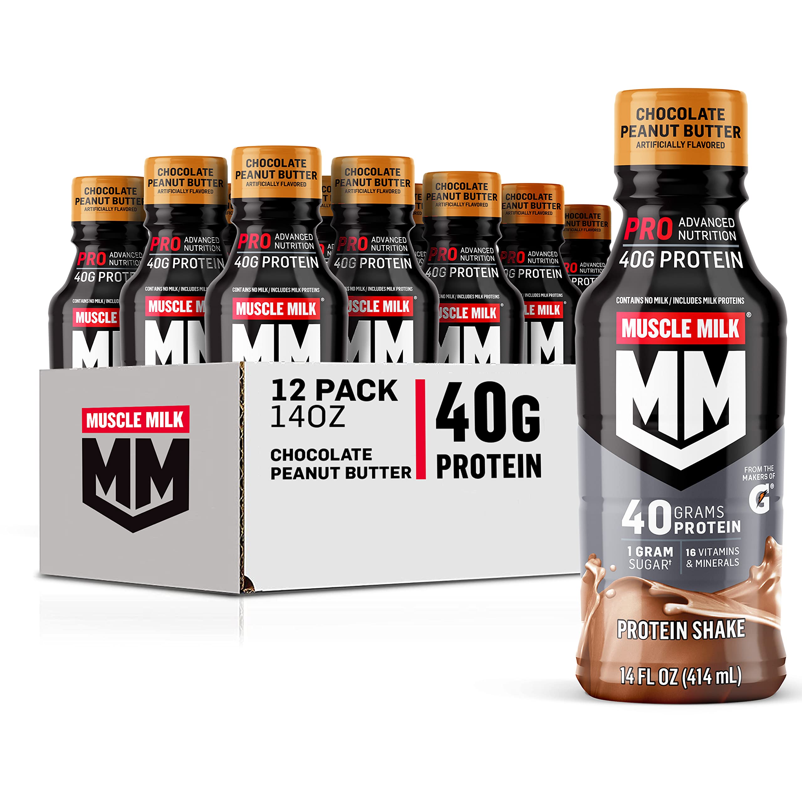Muscle Milk vista frontal del envase mostrando sabor chocolate cacahuate y beneficios
