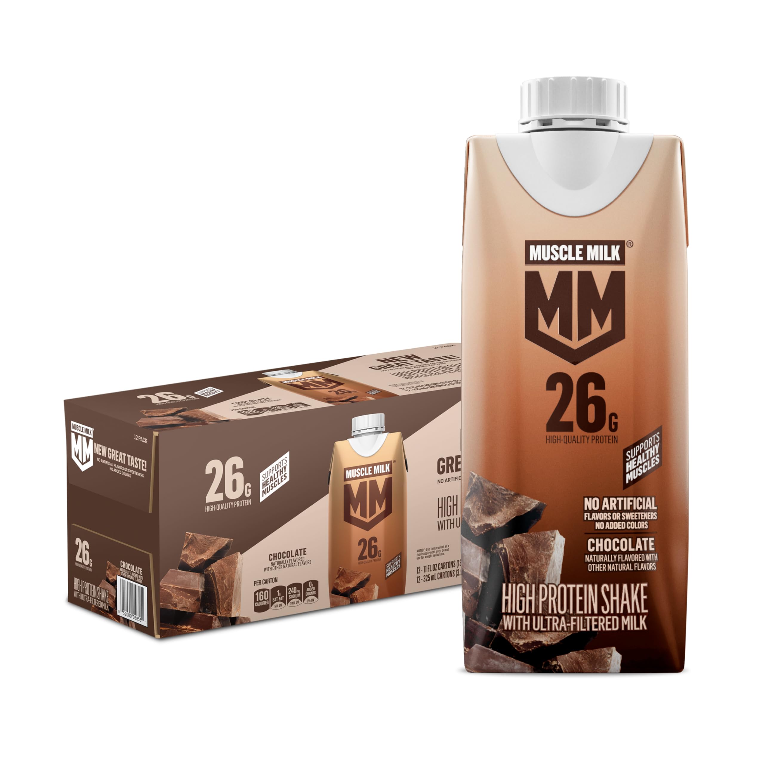 Muscle Milk envase frontal chocolate mostrando 26 g de proteína y conveniencia