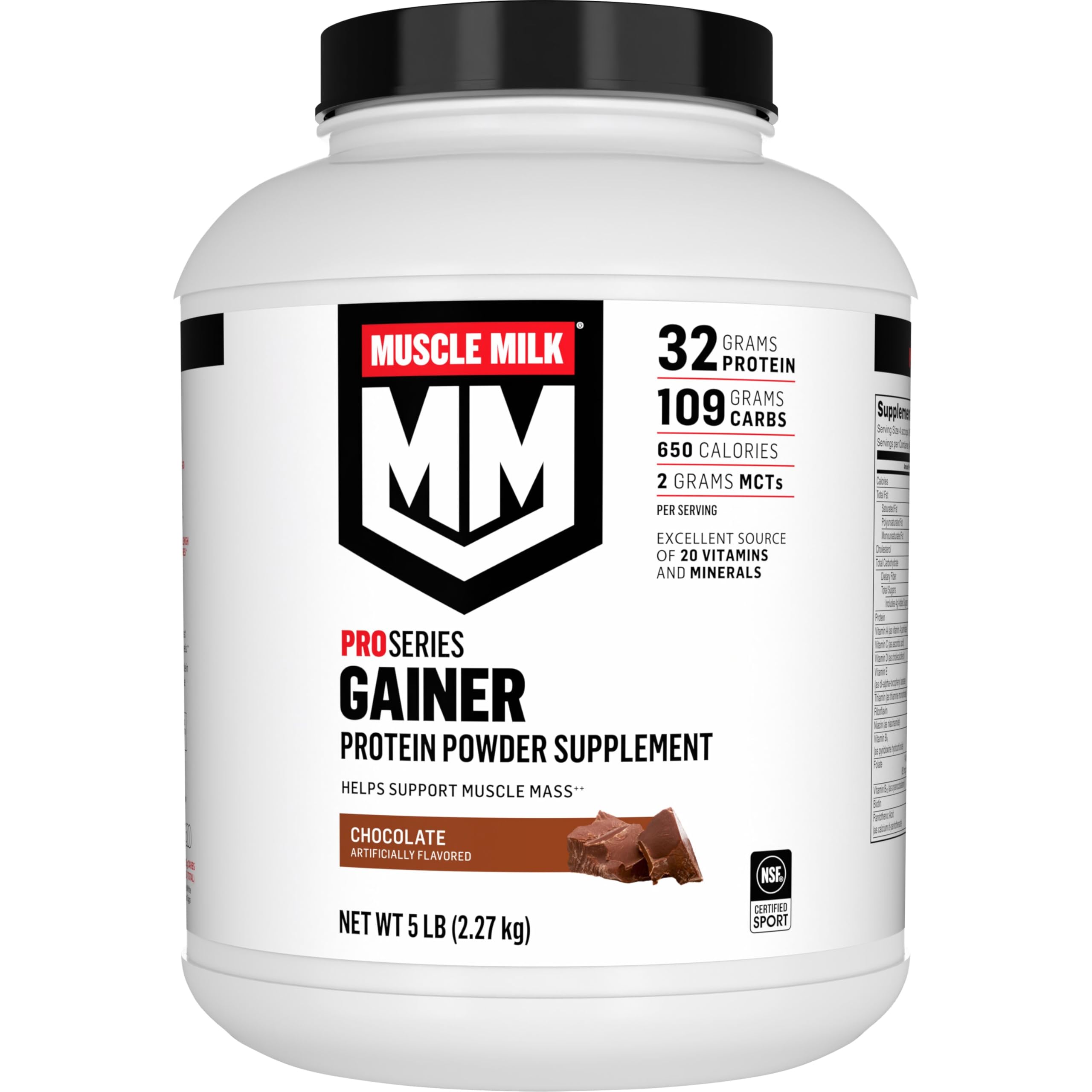 Muscle Milk bote frontal en chocolate mostrando la presentación y beneficios