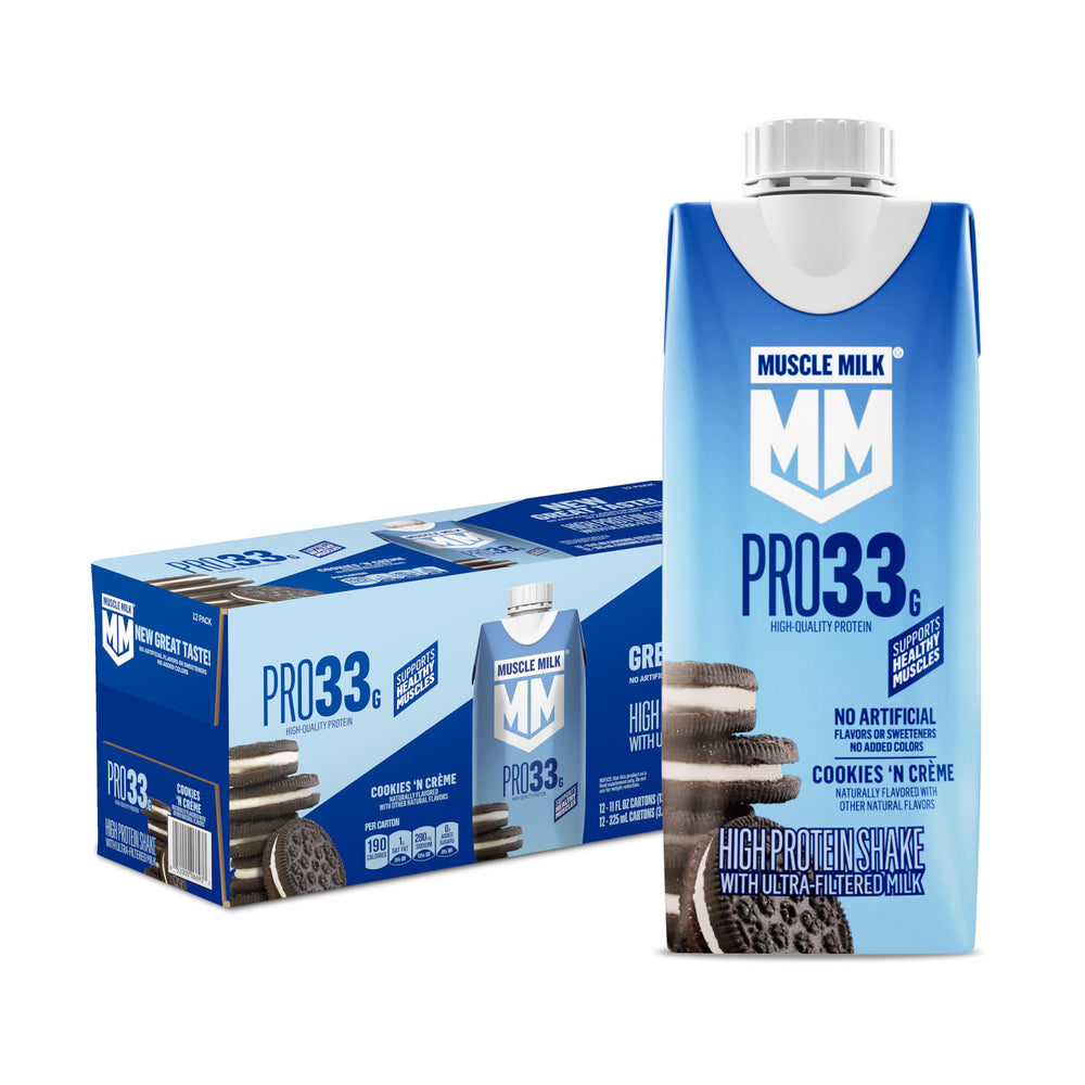 Muscle Milk pack frontal mostrando las 12 cajas y diseño apetecible