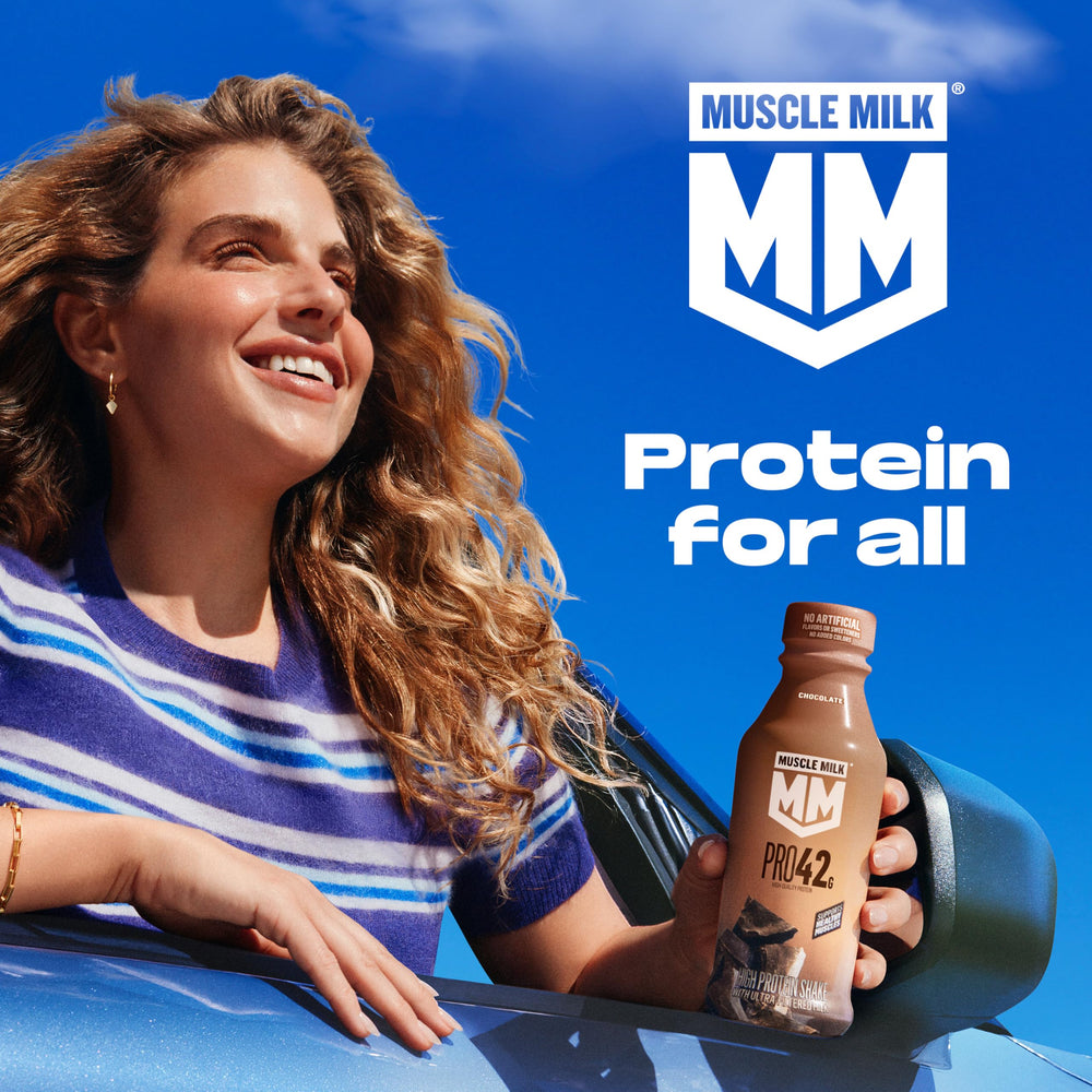 Comparación de tamaño del envase Muscle Milk Pro junto a una mano para escala