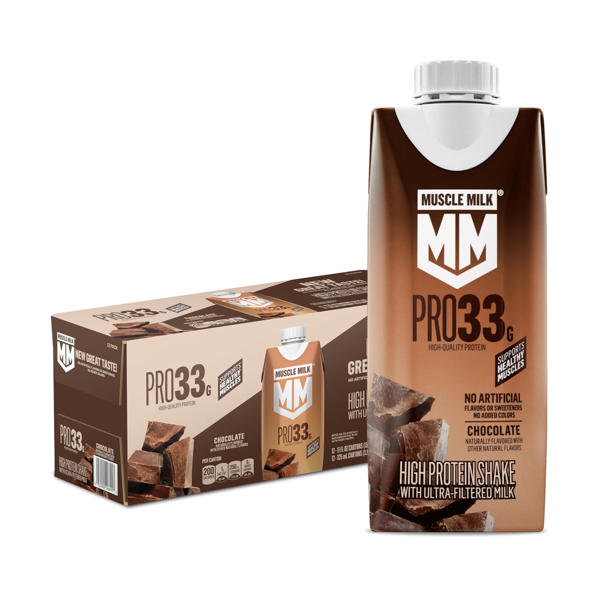 Muscle Milk Pro frontal del envase mostrando etiqueta y beneficio proteico