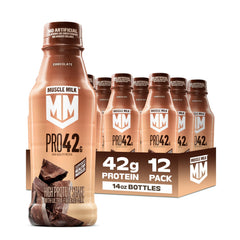 Muscle Milk PRO frente del empaque mostrando paquete de 12 y conveniencia