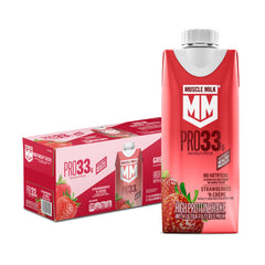 Muscle Milk Pro frente del cartón mostrando sabor fresa y beneficio práctico