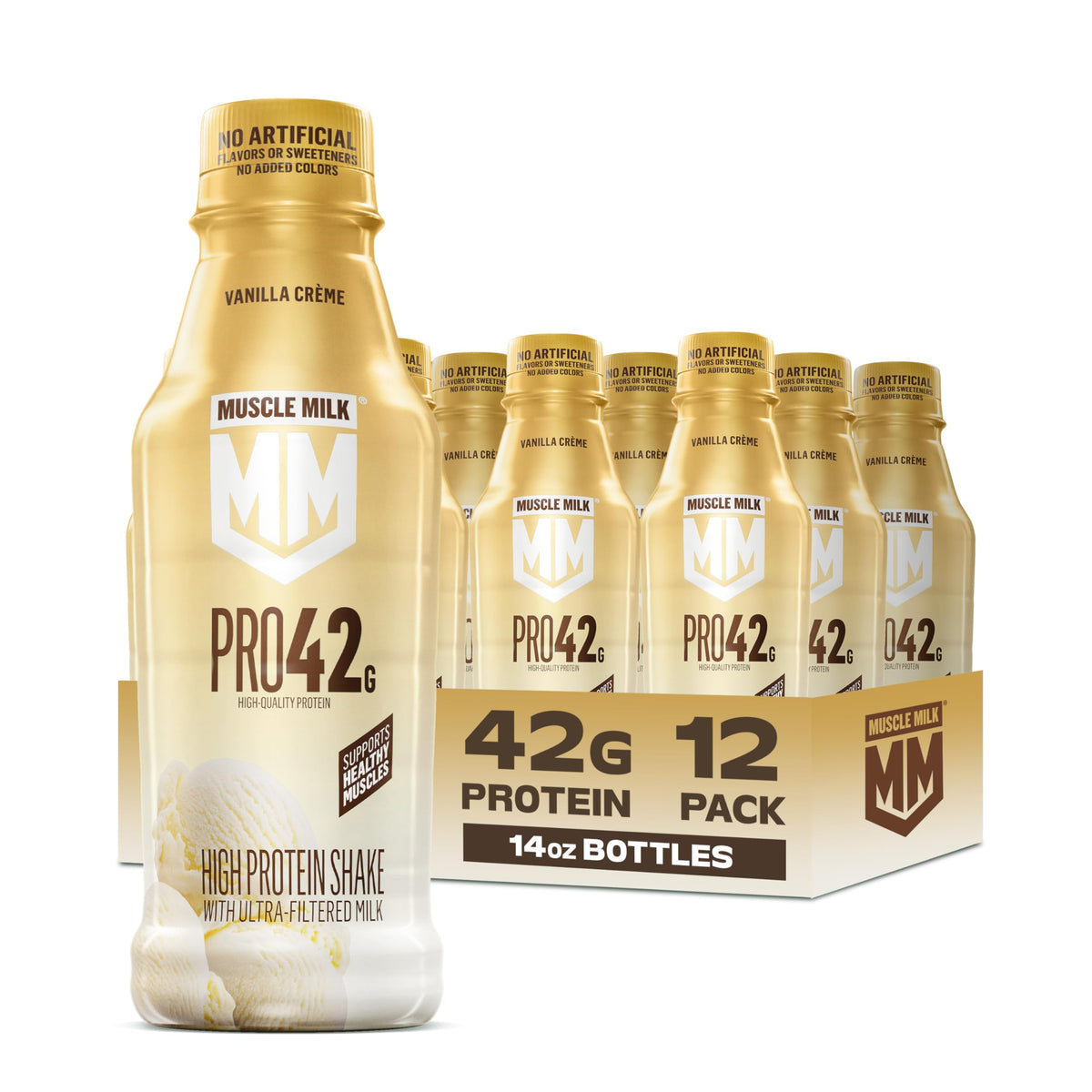 Muscle Milk Pro frontal pack de 12 botellas mostrando conveniencia y proteína