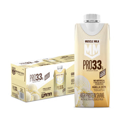 Muscle Milk Pro pack frontal mostrando las doce cajas y el sabor Vainilla Crème, práctico para llevar