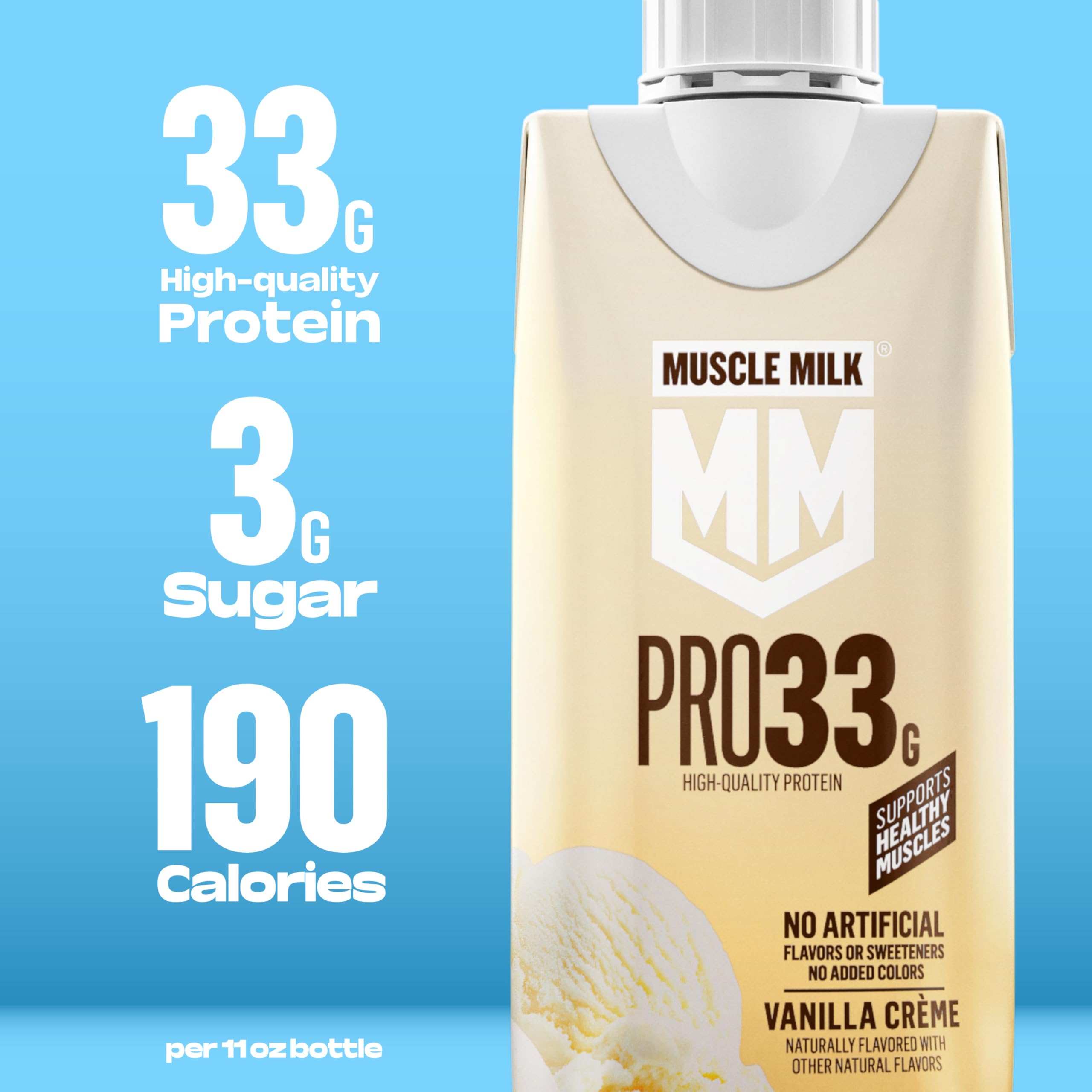 Cierre del envase Muscle Milk Pro con textura cremosa visible, ofreciendo una experiencia de consumo agradable