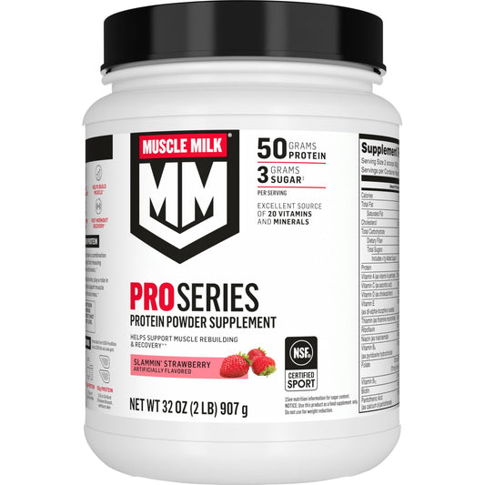 Muscle Milk envase frontal que muestra sabor y tamaño para fácil identificación