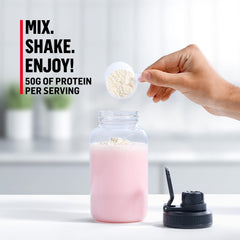 Vaso con batido Muscle Milk preparado que ofrece recuperación rápida y sabor