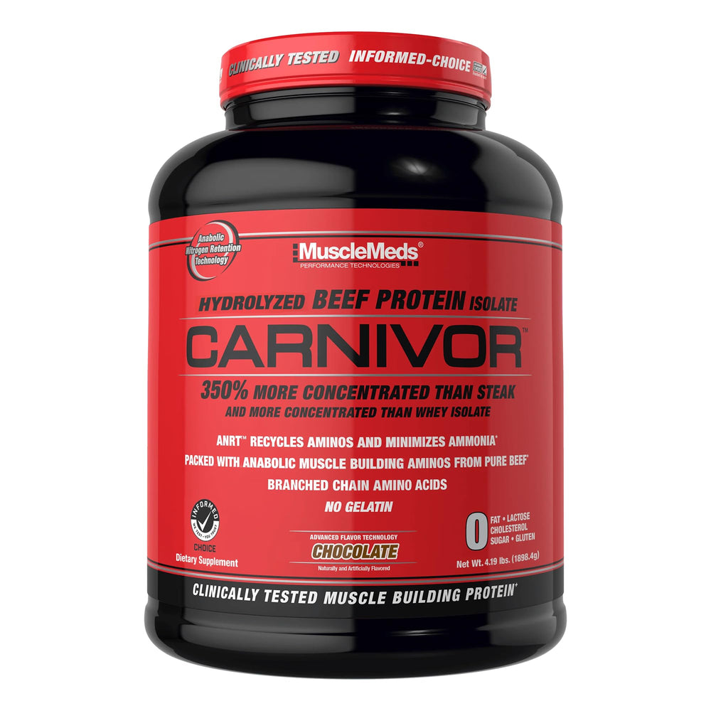 MuscleMeds CARNIVOR vista frontal del envase mostrando etiqueta y sabor chocolate, aporta confianza de calidad