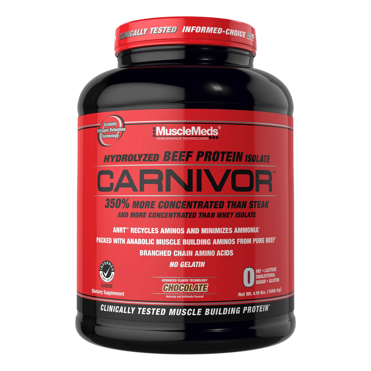 MuscleMeds CARNIVOR vista frontal del envase mostrando etiqueta y sabor chocolate, aporta confianza de calidad