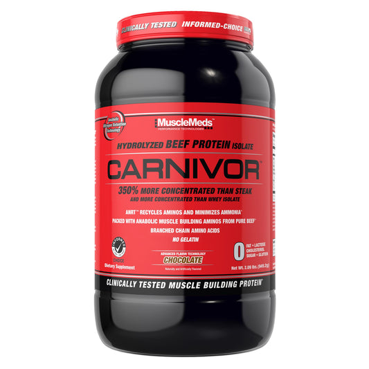 MuscleMeds CARNIVOR envase frontal chocolate mostrando beneficios de proteína