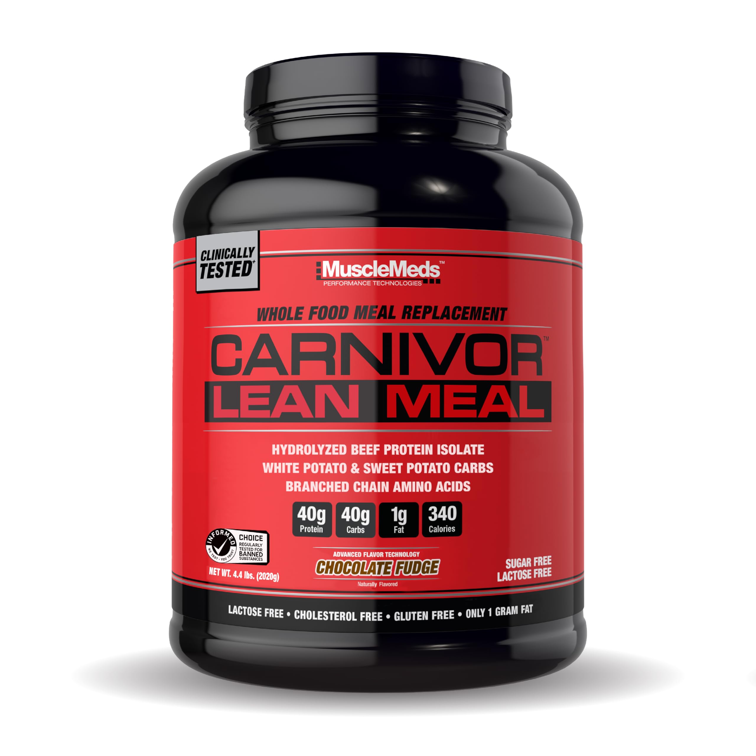 MuscleMeds envase frontal CARNIVOR Lean Meal chocolate, muestra información clara