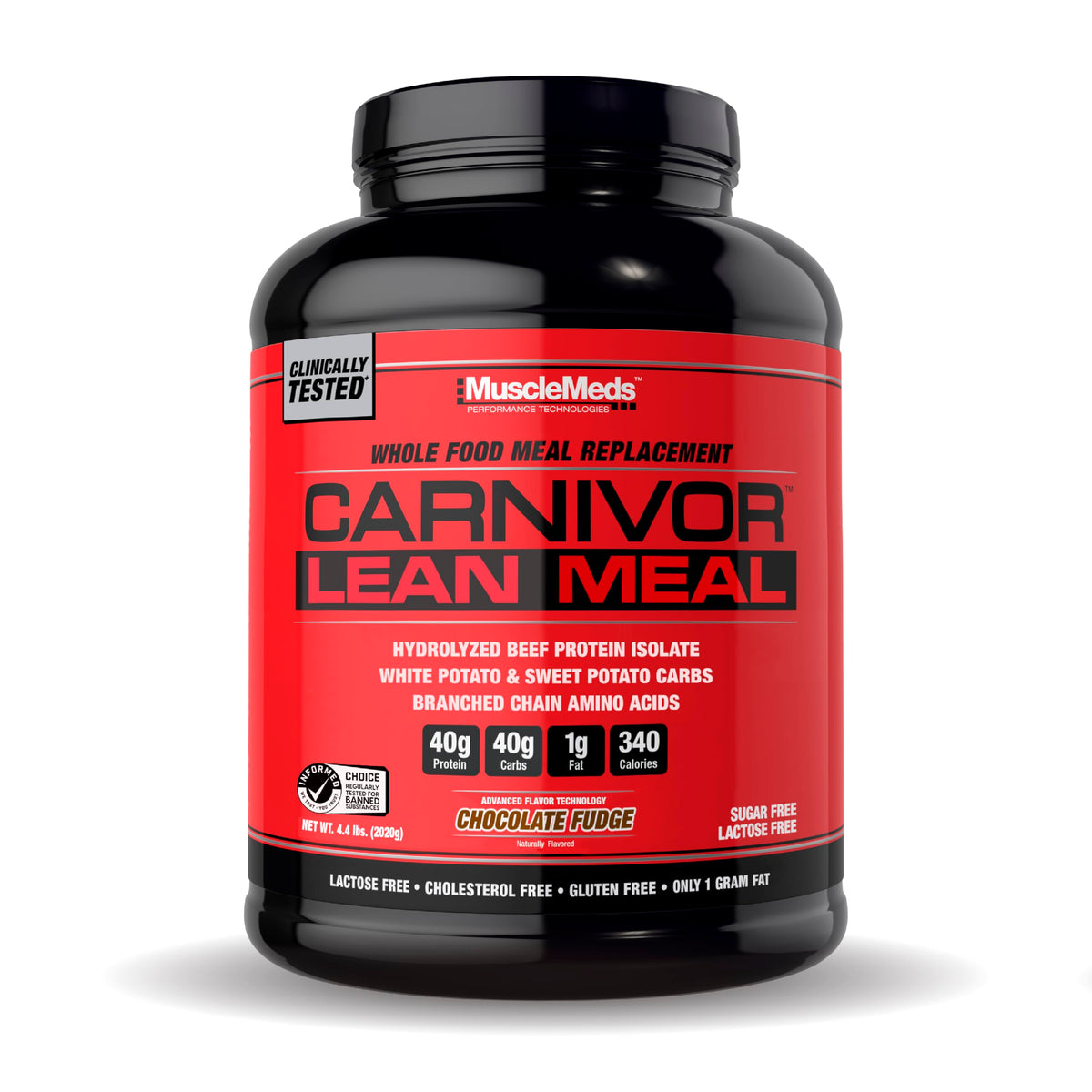 MuscleMeds envase frontal CARNIVOR Lean Meal chocolate, muestra información clara