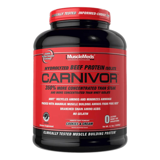 MuscleMeds Carnivor frente del envase mostrando sabor y raciones