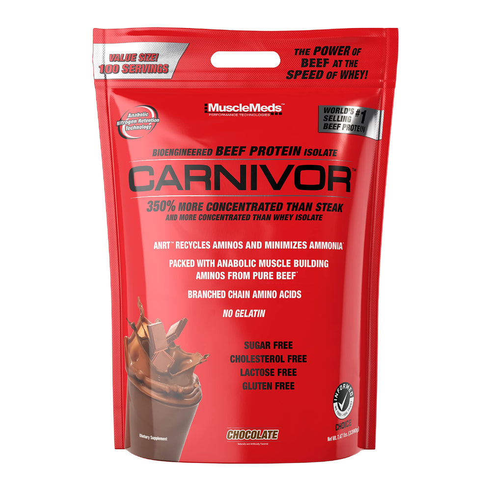 MuscleMeds Carnivor frente del envase mostrando etiqueta y beneficios