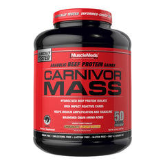 MuscleMeds envase frontal CARNIVOR Mass Gainer mostrando tamaño y sabor