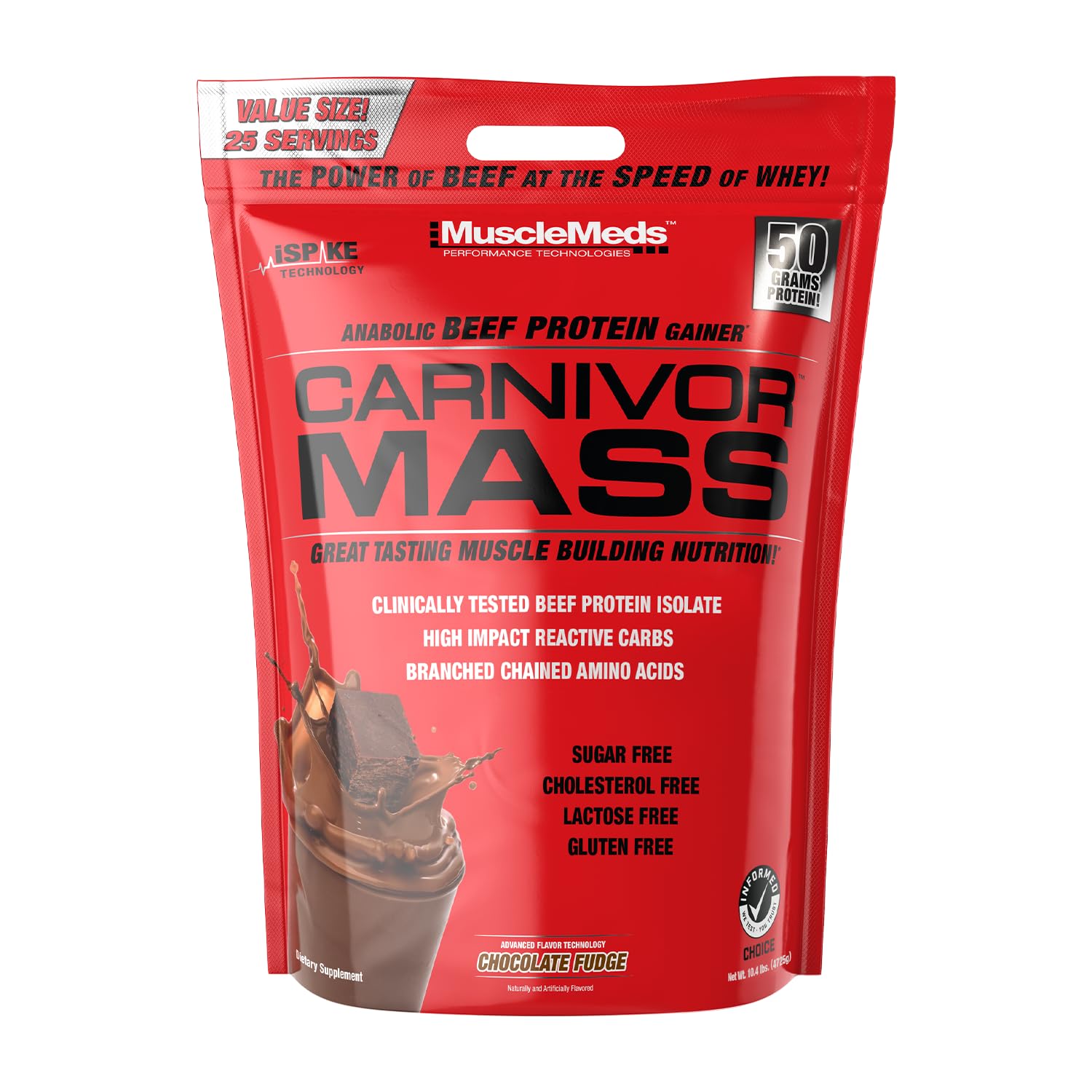 MuscleMeds Carnivor Mass empaque frontal mostrando sabor chocolate y peso