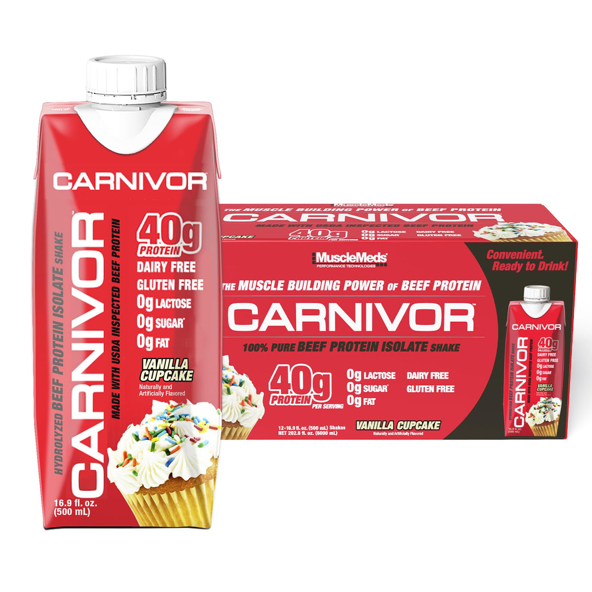 MuscleMeds Carnivor RTD frente del envase, visual claro y conveniente