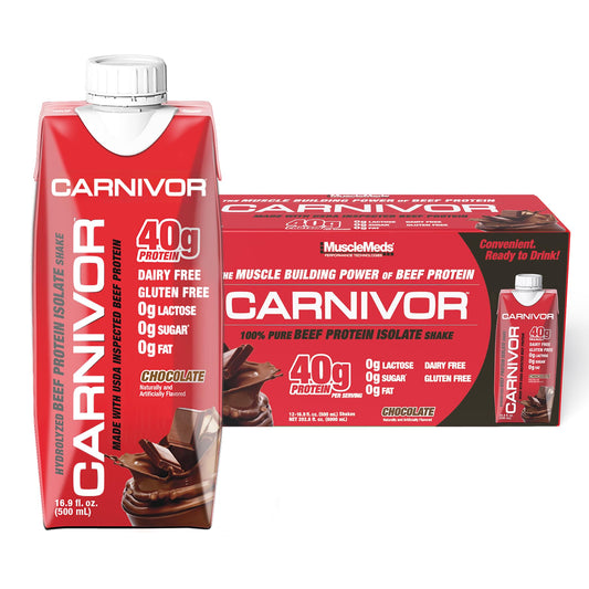 MuscleMeds Carnivor RTD vista frontal, botella lista y práctica para llevar