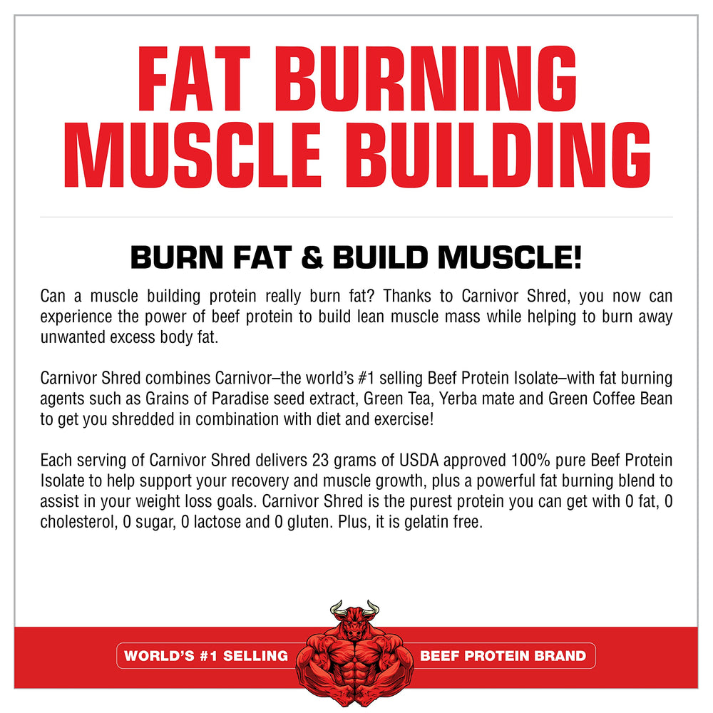 MuscleMeds comparación de tamaño del envase Carnivor Shred 4.35 lb para escala