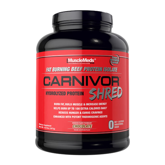 MuscleMeds envase Carnivor Shred al frente mostrando sabor chocolate y beneficios