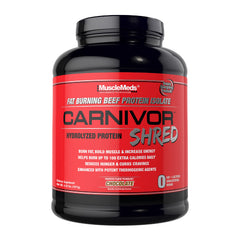 MuscleMeds envase Carnivor Shred al frente mostrando sabor chocolate y beneficios