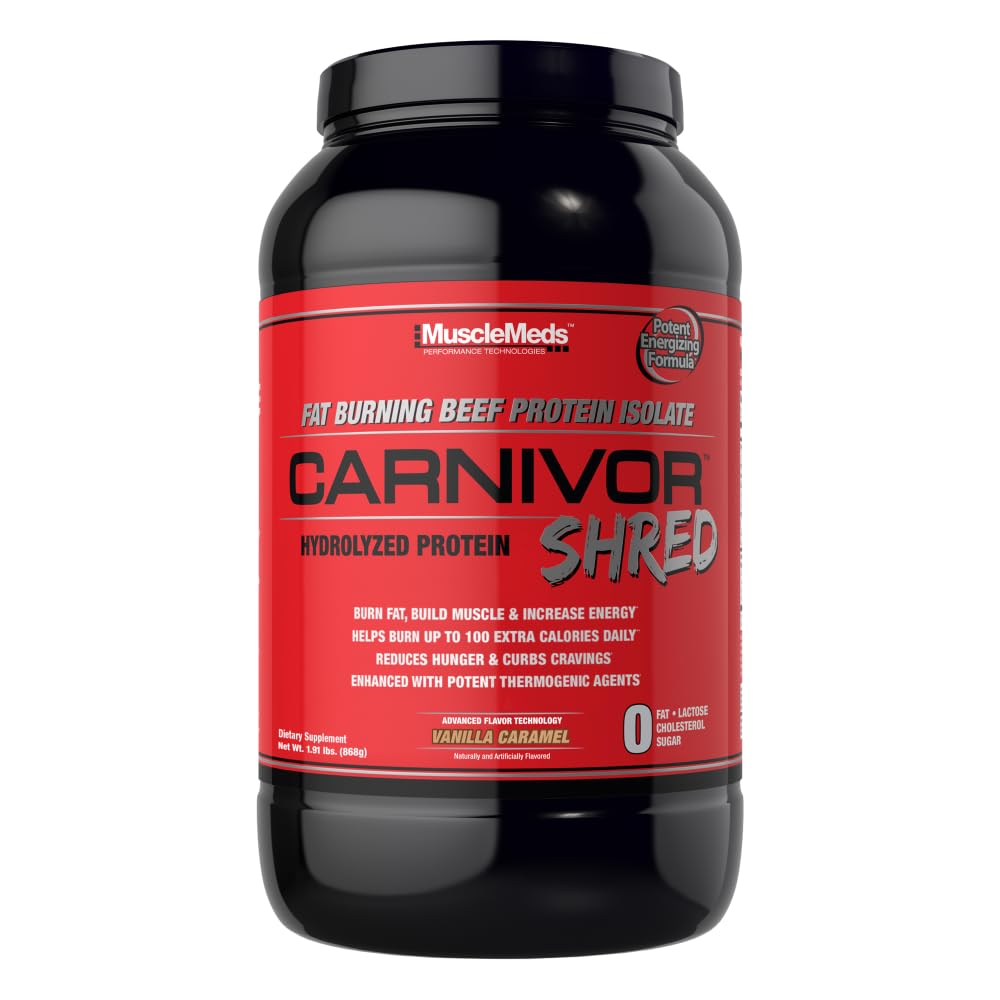 MuscleMeds Carnivor Shred envase frontal mostrando etiqueta y beneficios