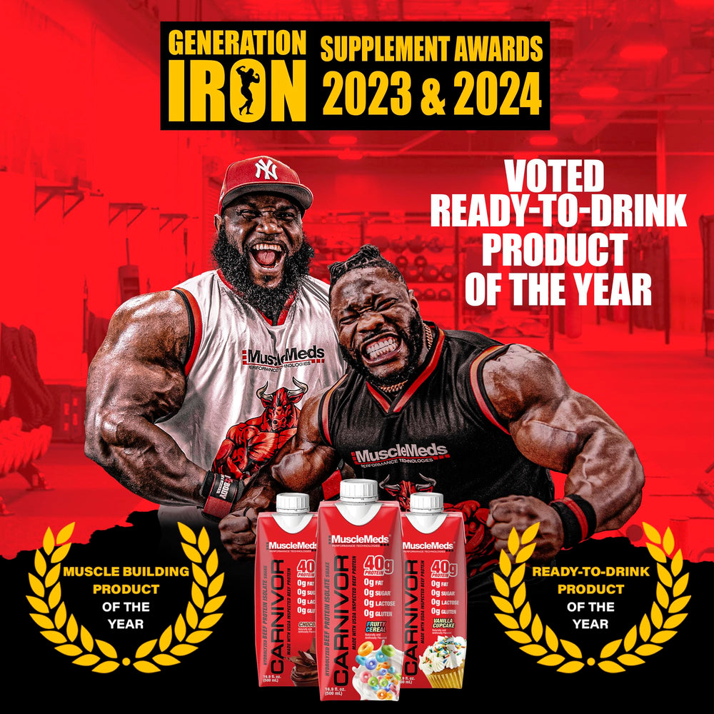 MuscleMeds Carnivor RTD sabor vainilla cupcake servido en mesa apetecible
