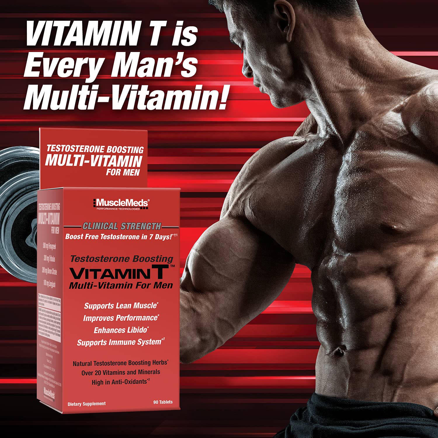 Etiqueta de MuscleMeds Vitamin T con lista de ingredientes y beneficios visibles
