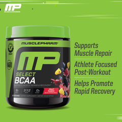 Etiqueta nutricional de Muscle Pharm mostrando la proporción 3:1:2 y certificación Informed-Choice