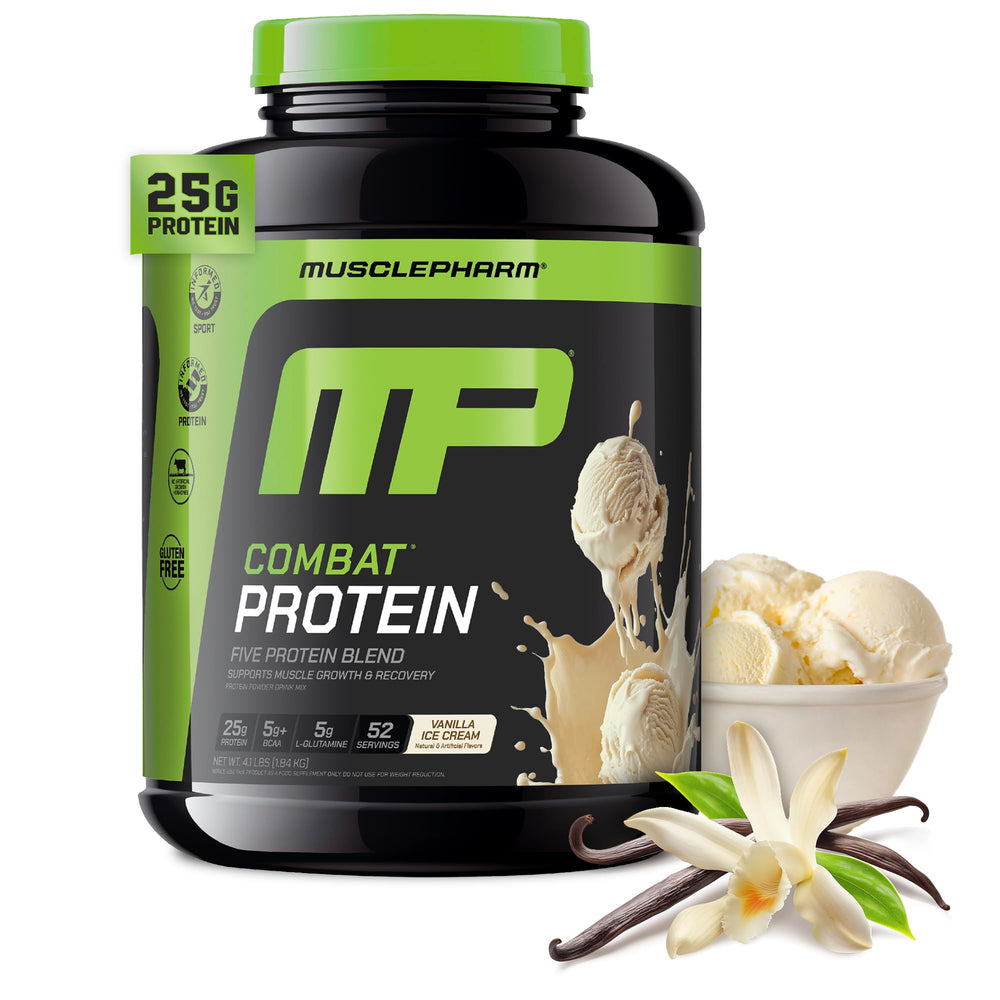 MusclePharm envase frontal Combat Vainilla mostrando marca y beneficio recuperación