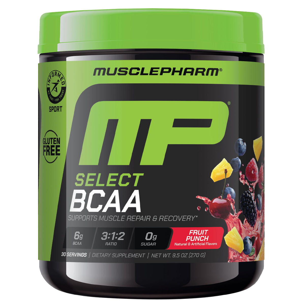 Muscle Pharm envase frontal del producto mostrando la marca y sabor Fruit Punch para fácil identificación