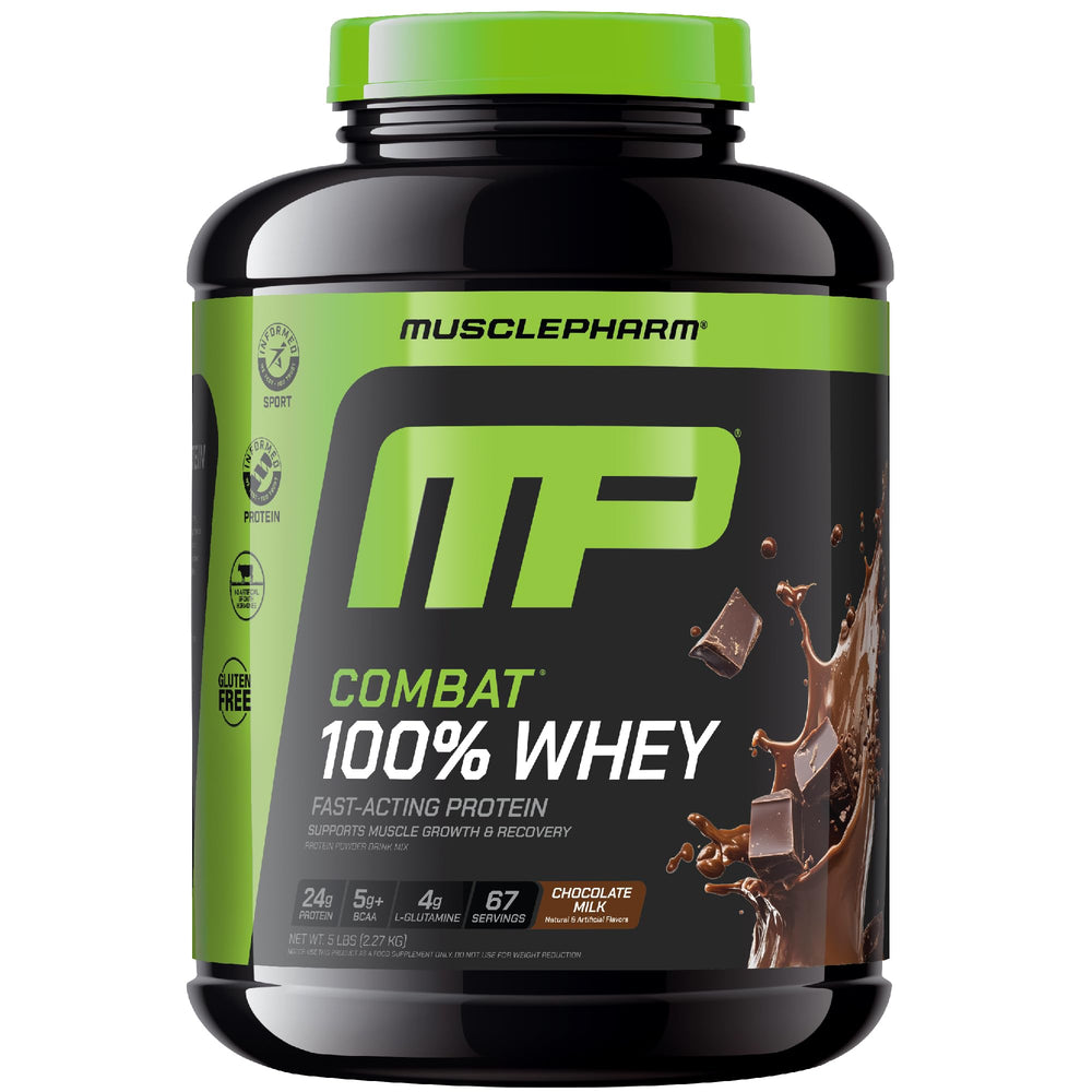 MusclePharm envase frontal Chocolate Milk mostrando 5 lb y 67 servicios, confianza en sabor