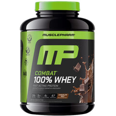 MusclePharm envase frontal Chocolate Milk mostrando 5 lb y 67 servicios, confianza en sabor