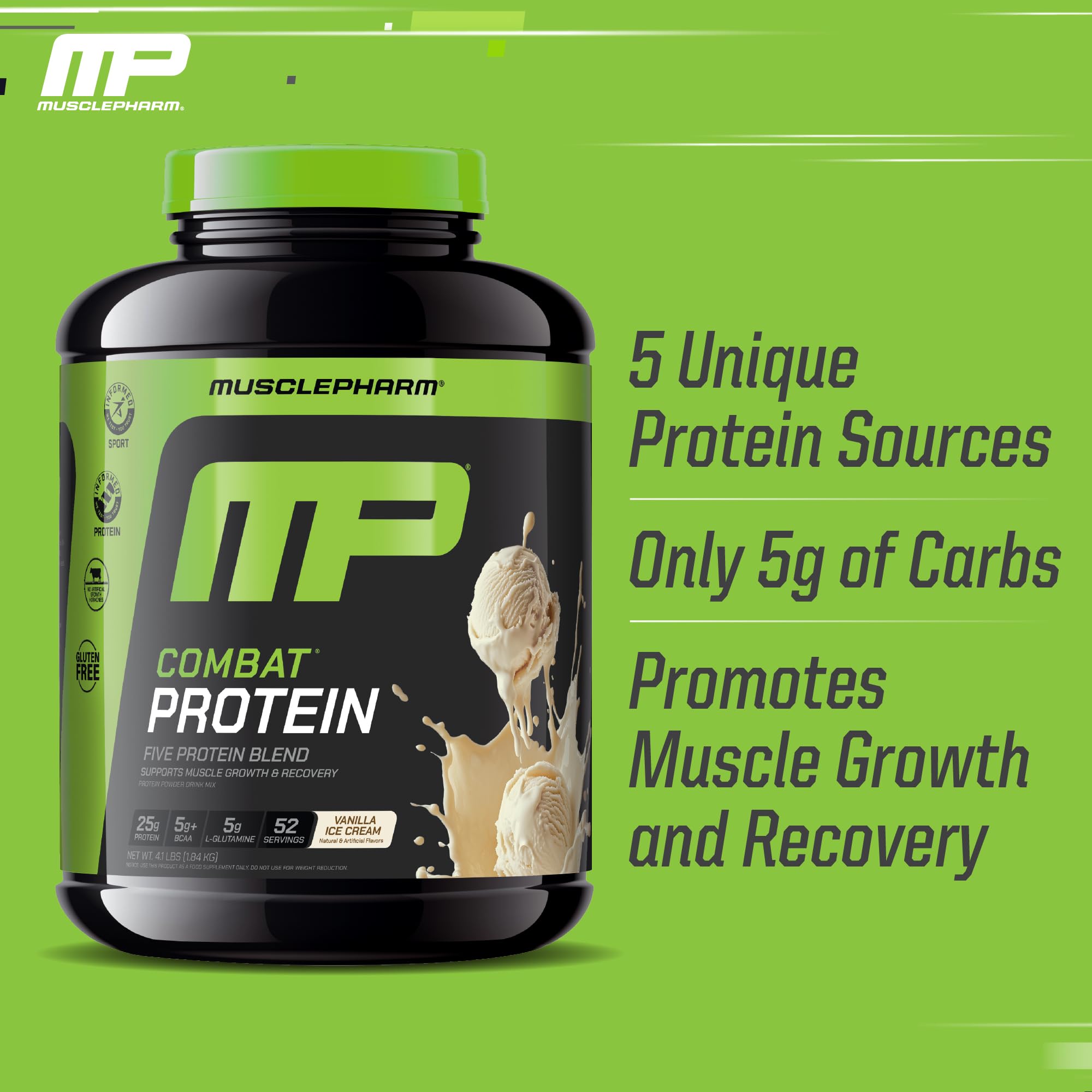 MusclePharm collage de las 5 fuentes proteicas indicando liberación sostenida