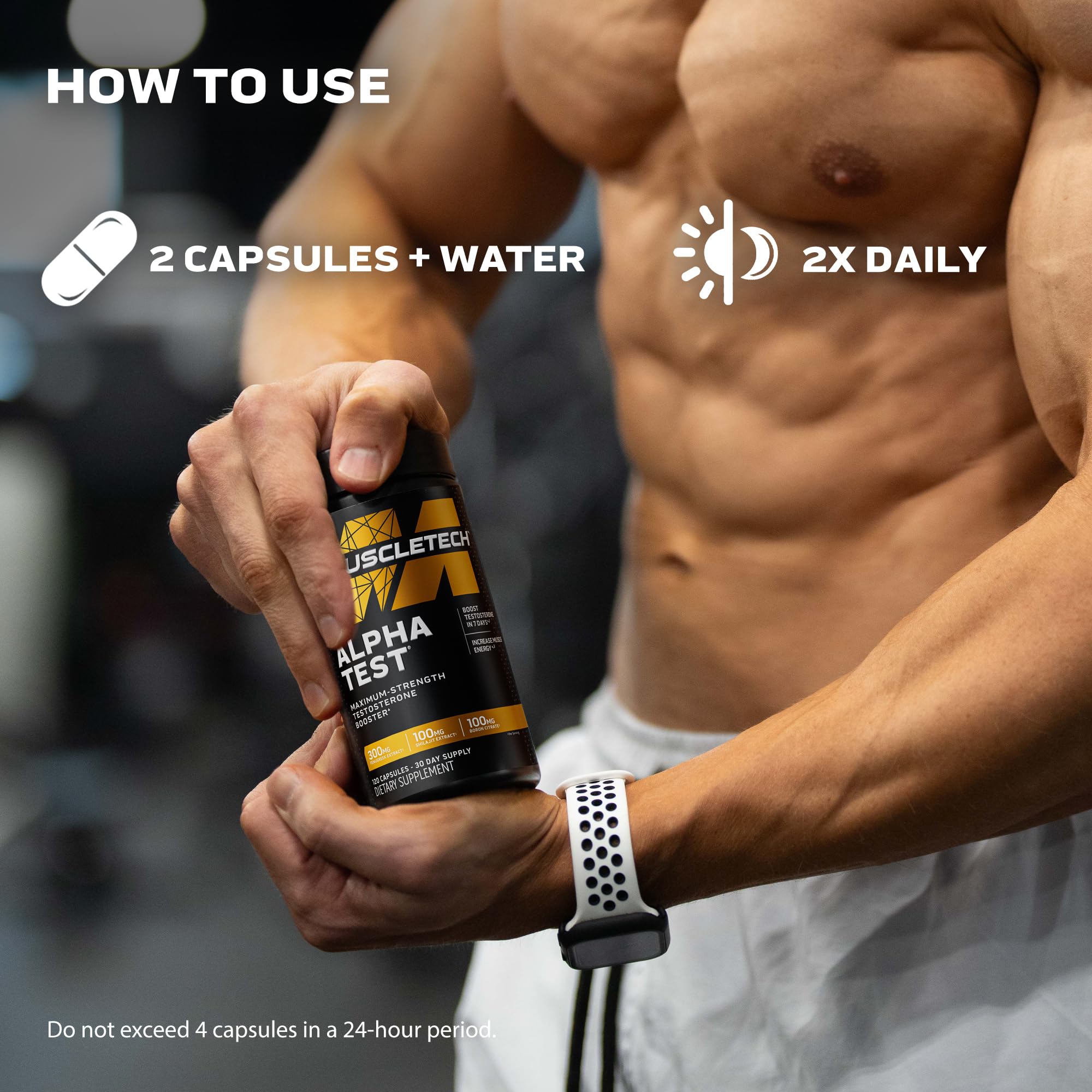 MuscleTech AlphaTest envase junto a mano para comparar tamaño y suministro
