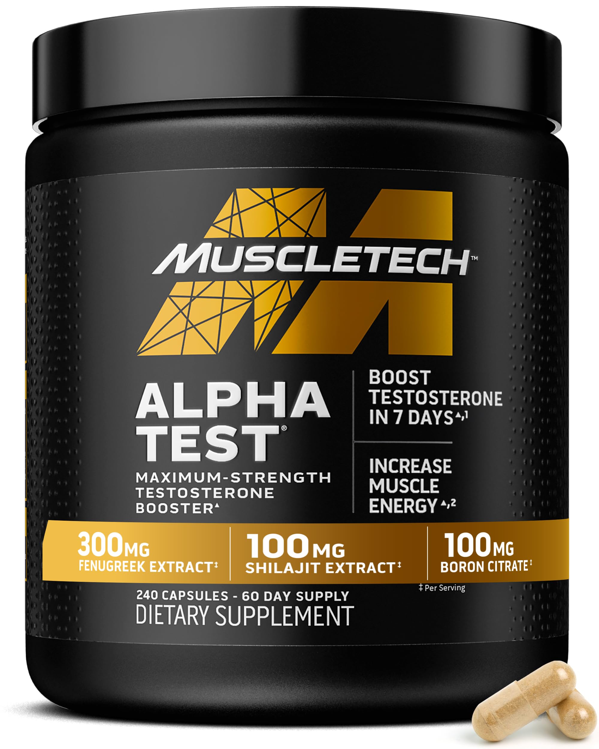 MuscleTech AlphaTest vista frontal con etiqueta clara y beneficios visibles