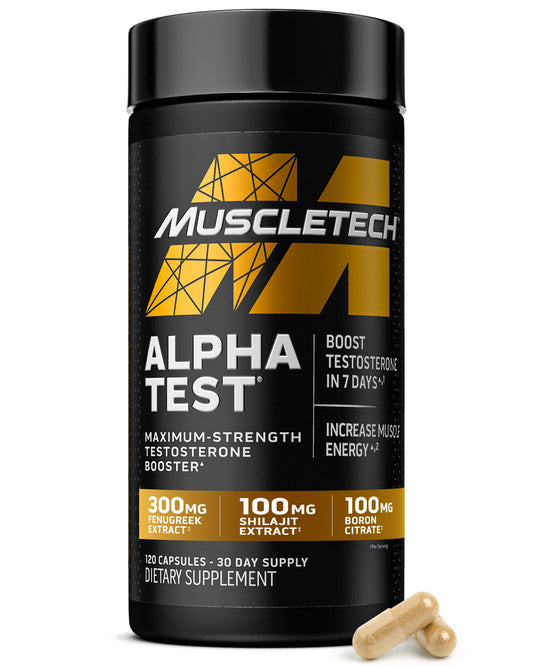 MuscleTech AlphaTest vista frontal del envase mostrando el diseño y beneficio de rendimiento
