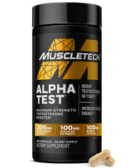 MuscleTech AlphaTest vista frontal del envase mostrando el diseño y beneficio de rendimiento
