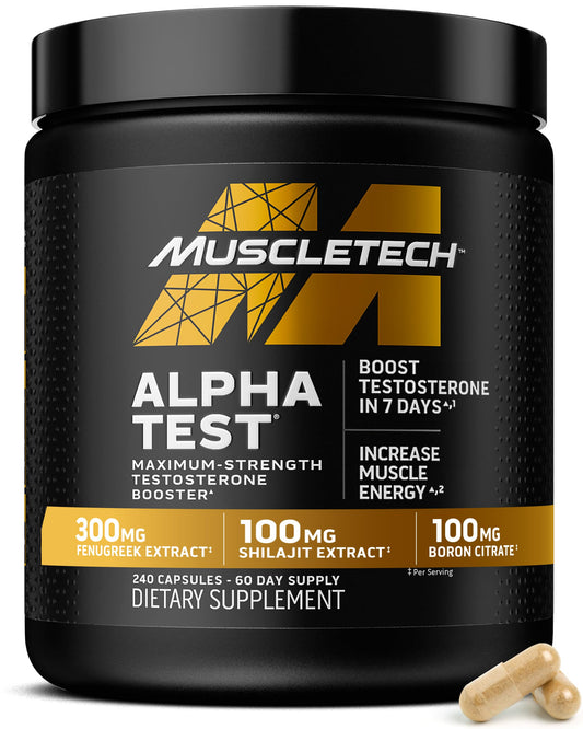 MuscleTech AlphaTest vista frontal con etiqueta clara y beneficios visibles