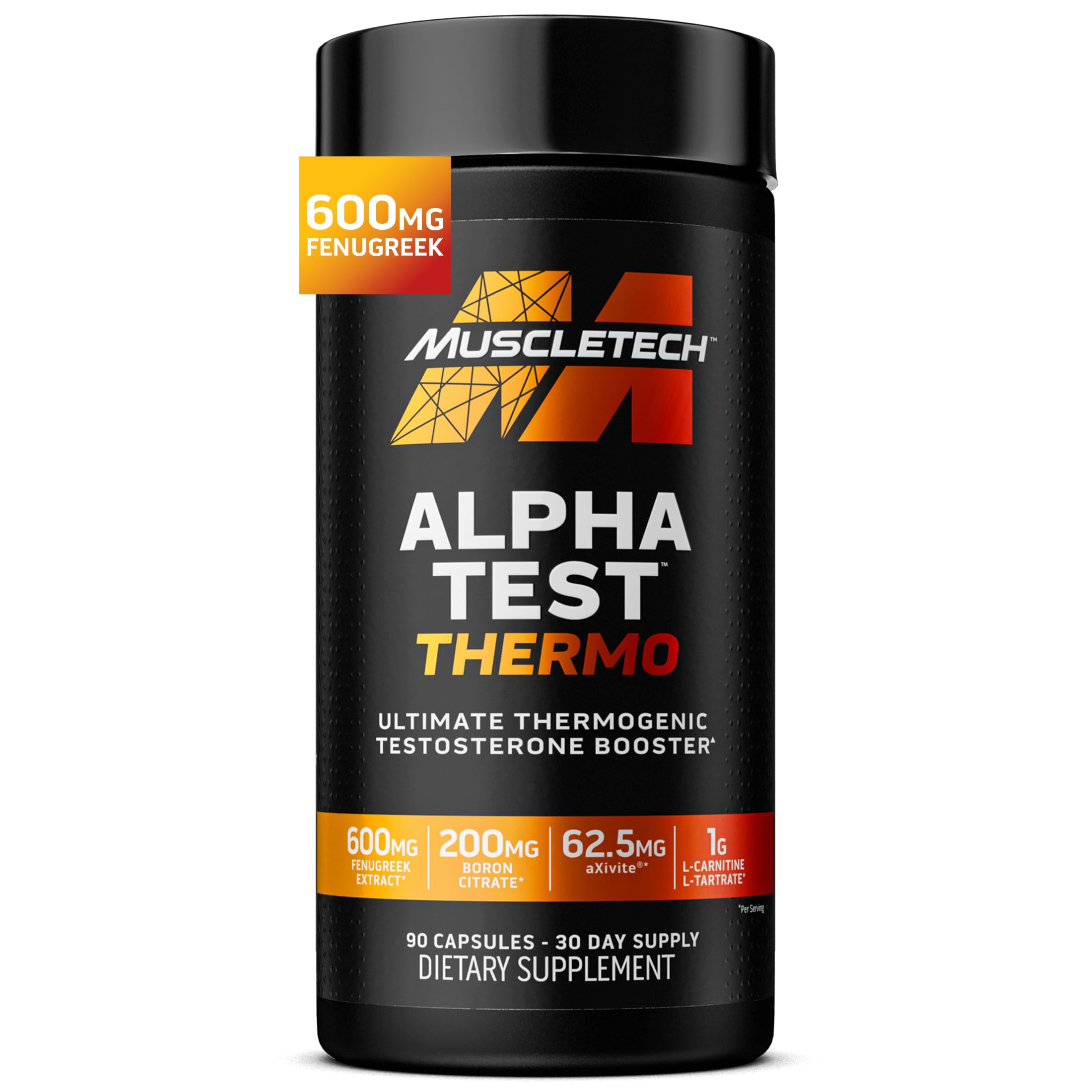 MuscleTech envase AlphaTest Thermo frontal mostrando diseño y dosis